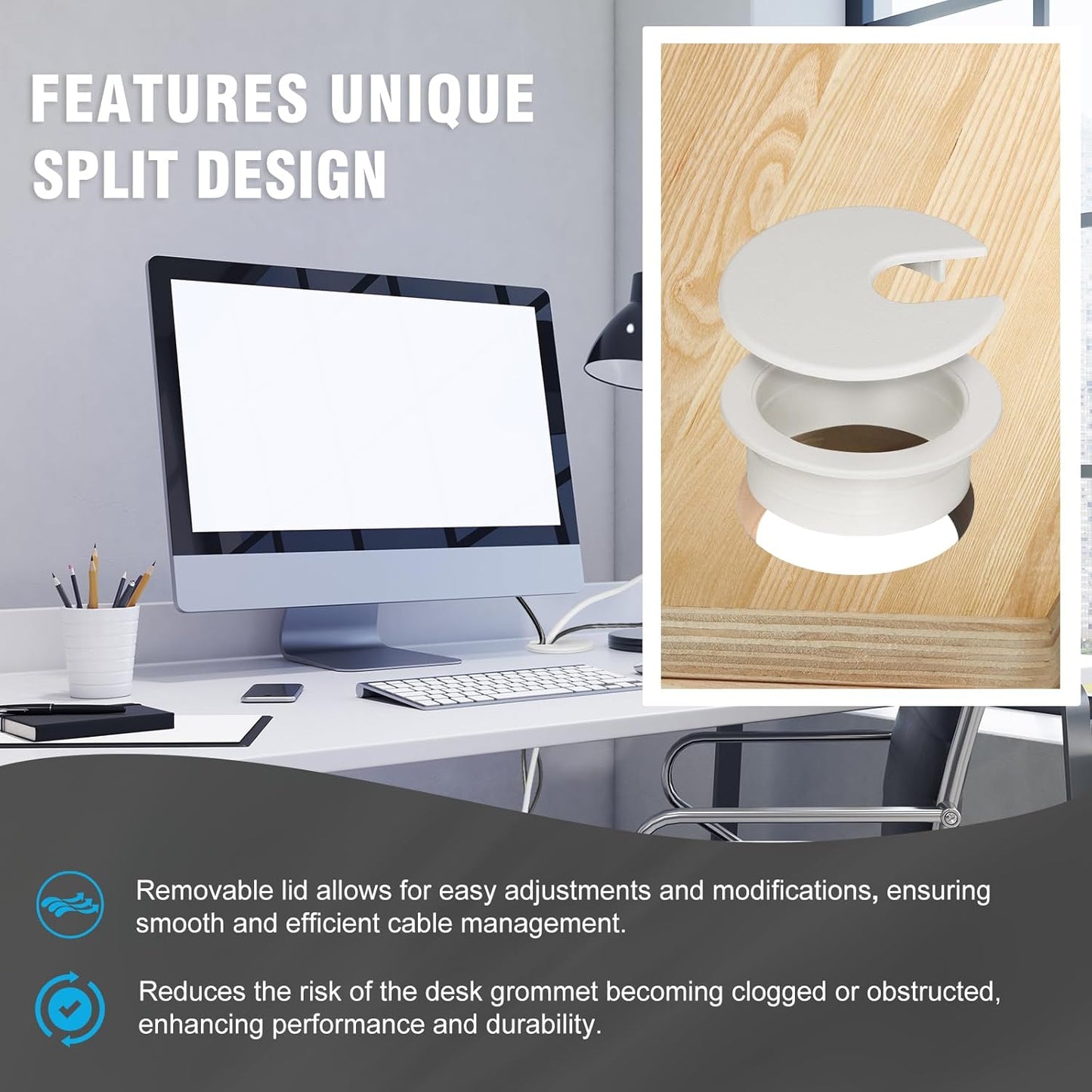 1-3/8" White Desk Grommet with Bi-Metal Hole Saw, JTemgle Plastic Cable Hole Cover Computer Table Cord Wire Organizer Caps, Desktop Cord Management for Home Office TV Stands Tabletops, 7 Pieces