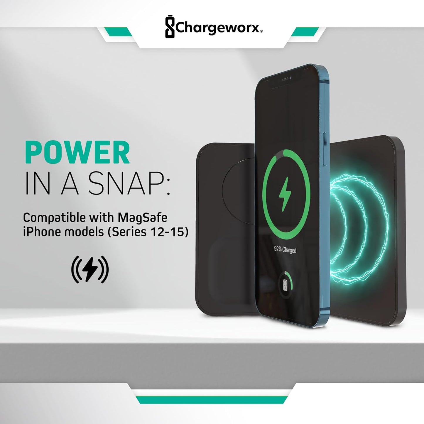 CHARGEWORX 3-in-1 Wireless Charger, Foldable Magnetic Charging Station with 15-Watt Fast Charging, Compatible with iPhone, Samsung, and Other Phones, Smartwatches, and Headphones, Black