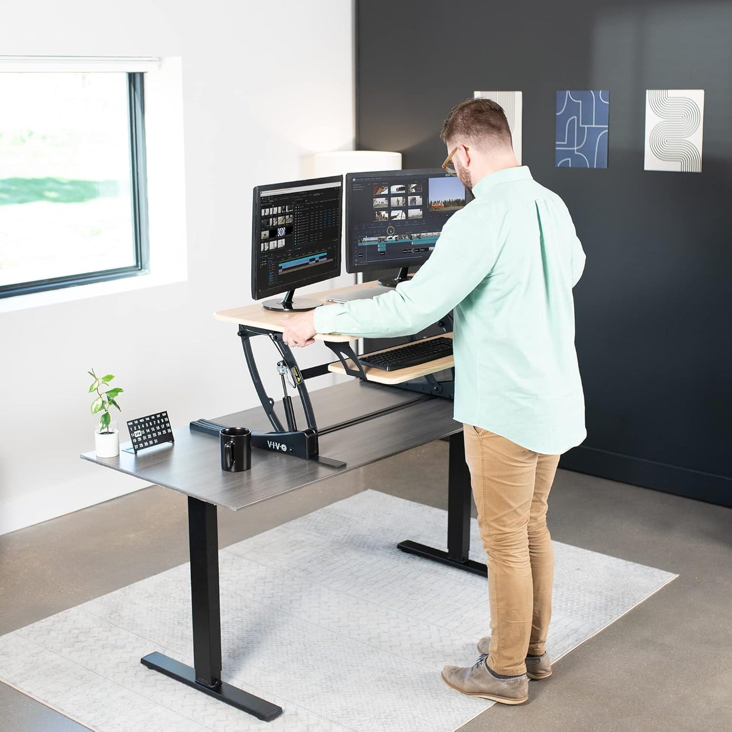 VIVO 42 inch Height Adjustable Stand Up Desk Converter, V Series, Quick Sit to Stand Tabletop Dual Monitor Riser Workstation, Light Wood Top, Black Frame, DESK-V000VLO
