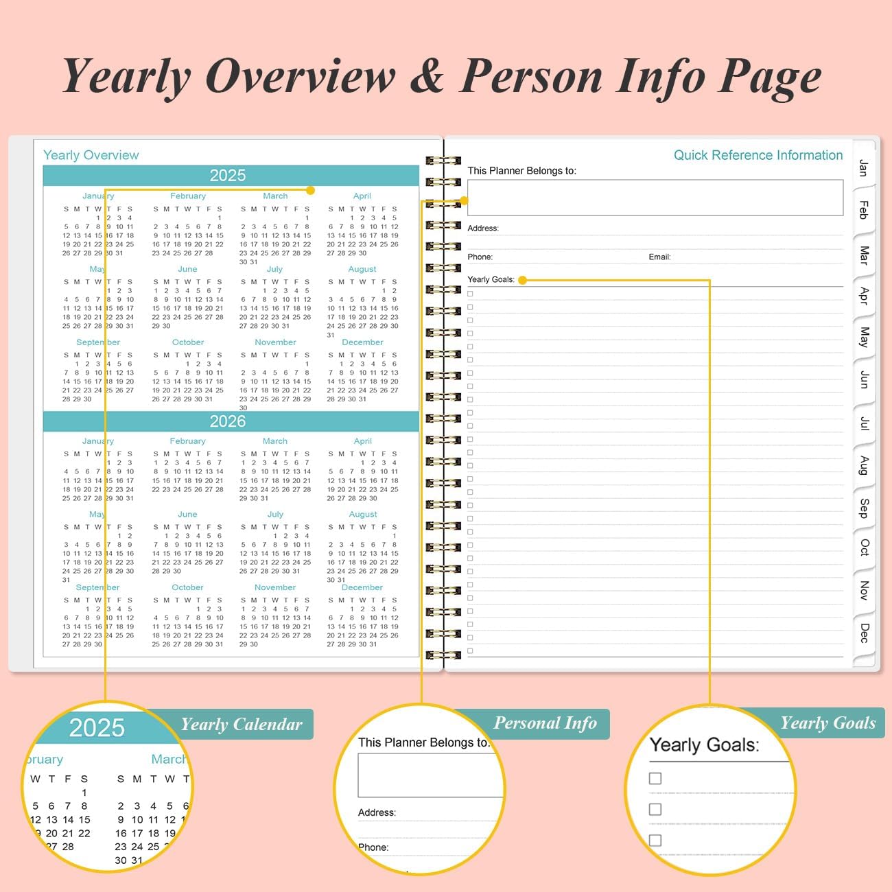 2025 Planner - Planner 2025 from January 2025 to December 2025 with 12 Monthly Tabs, Flexible Cover, Inner Pocket, 8.5" x 11", Pink