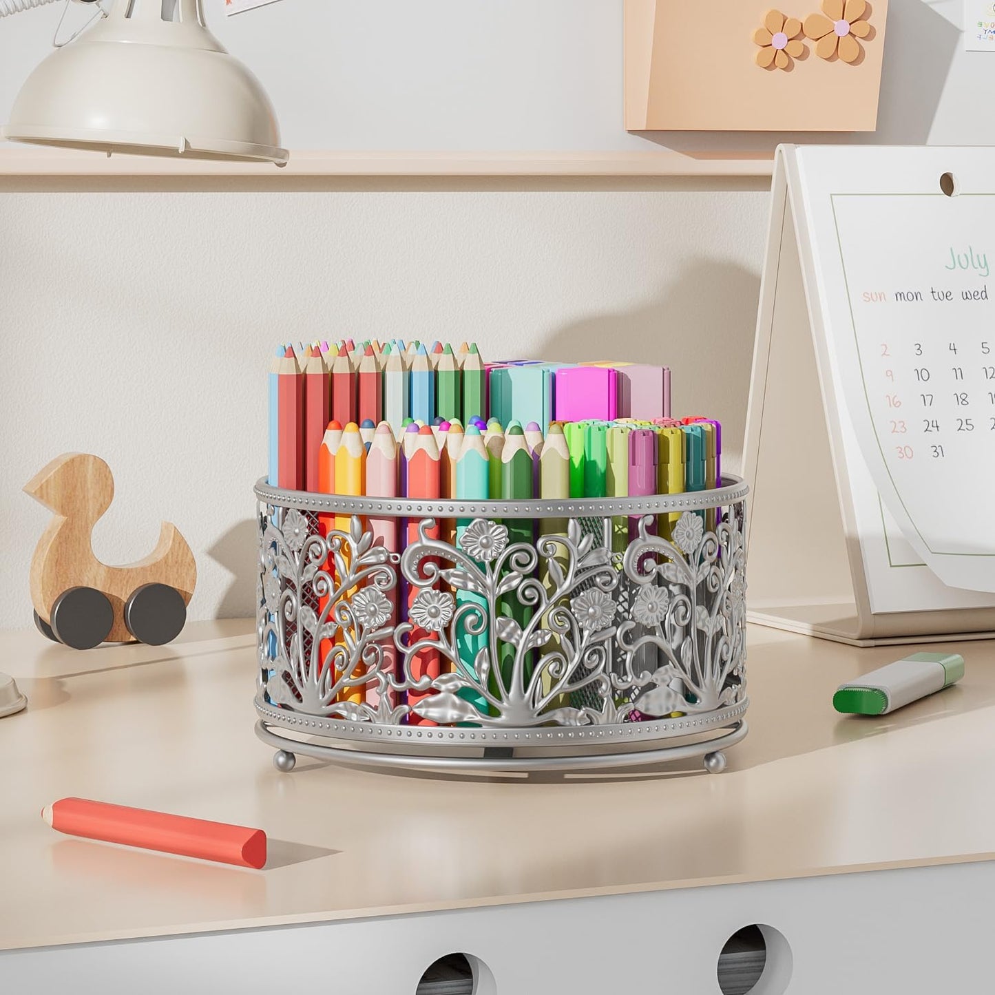 EKNITEY Pencil Pen Holder For Desk - Rotating Pencil Cup Organizer Cute Desktop Caddy with 4 Slots for Art Supplies School Home