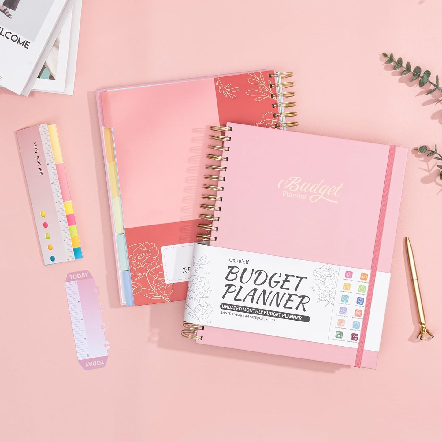 Ospelelf Budget Planner - Monthly Budget Book with Expense Tracker Notebook, Undated 12 Month Bill Organizer & Finance Planner, A4 Account Book with 12 Index Pockets, Zipper Pouch, Stickers(Pink)