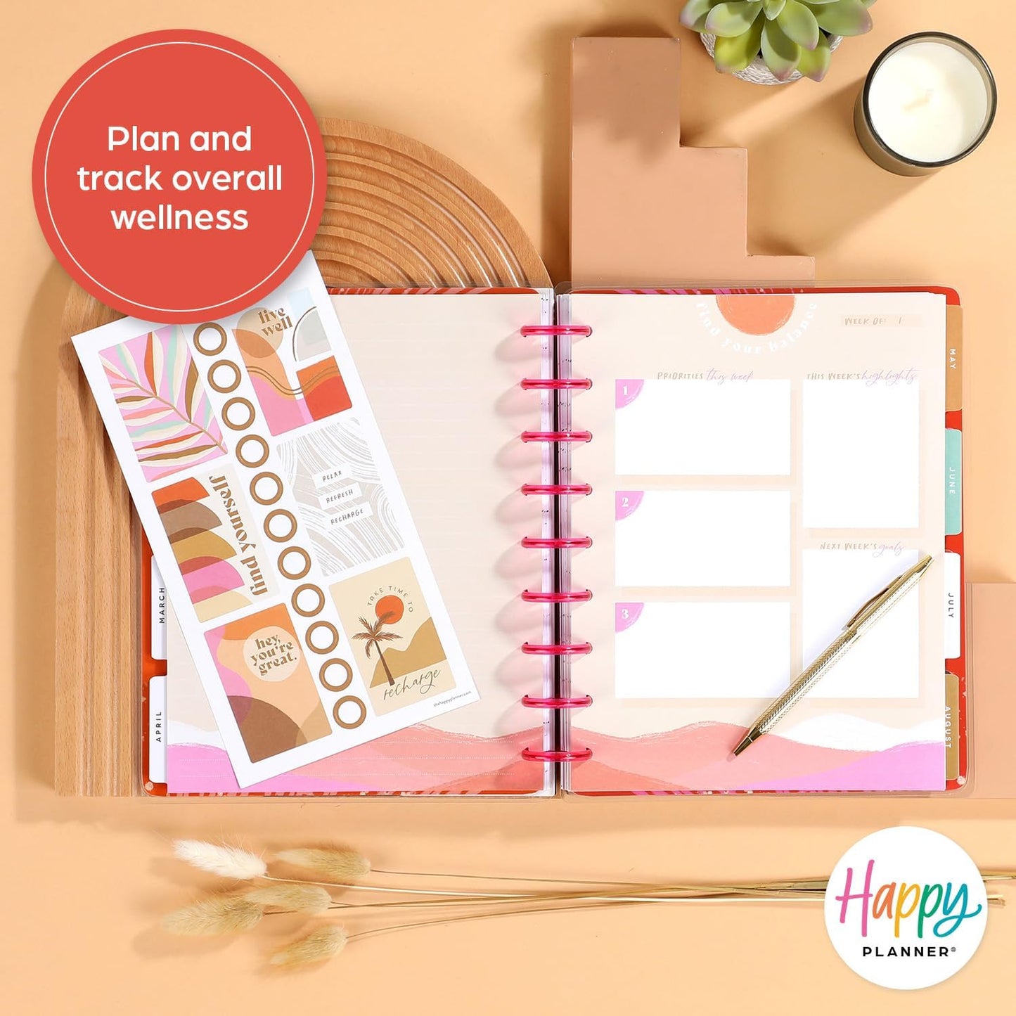 Happy Planner 12 Month Planner Box Bundle– Jan 2024 – Dec 2024 – Wellness Layout – Includes 12 Month Dated Classic Size Planner, Filler Paper & 30 Sheet Sticker Book – Organic Wellness Theme