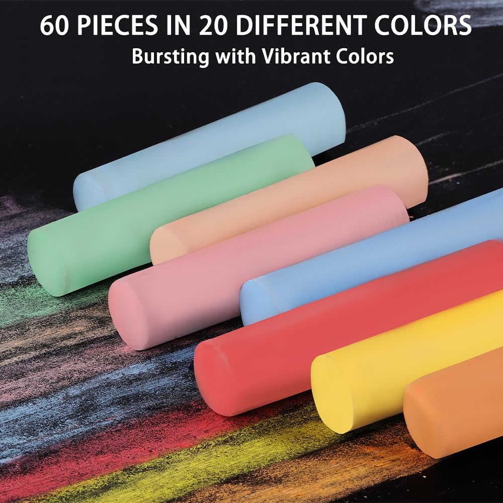 60 PCS Sidewalk Chalks Set Washable Colored Jumbo Chalk Bulk 20 Colors for Students Teens School Supplies Driveway and Playground Outdoor Games Activities