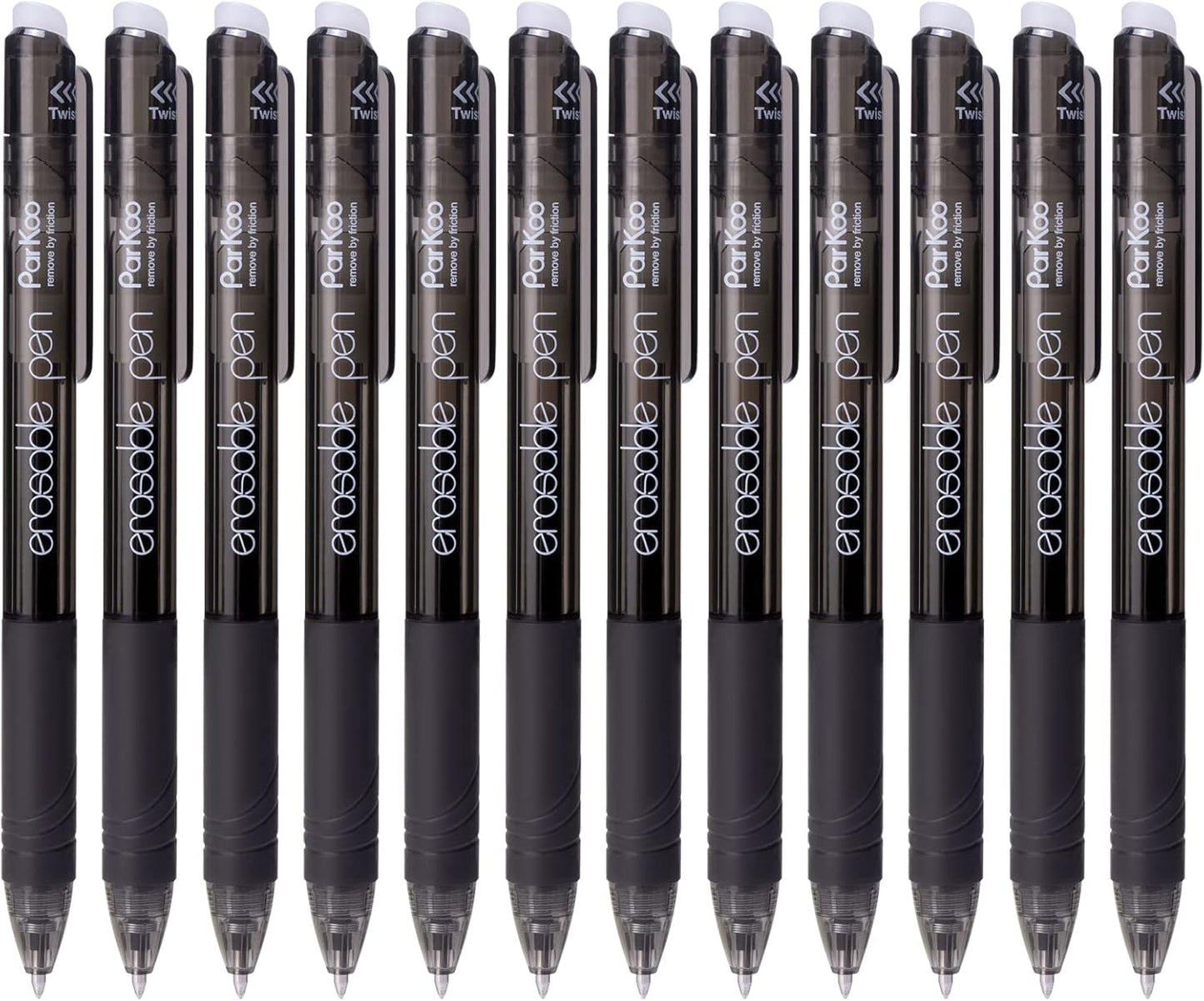 ParKoo Retractable Erasable Gel Pens 0.7mm, 12 Black Twist Pens Fine Point, Make Mistakes Disappear, Smooth Writing with Comfortable Grip for Journaling Drawing Note Taking