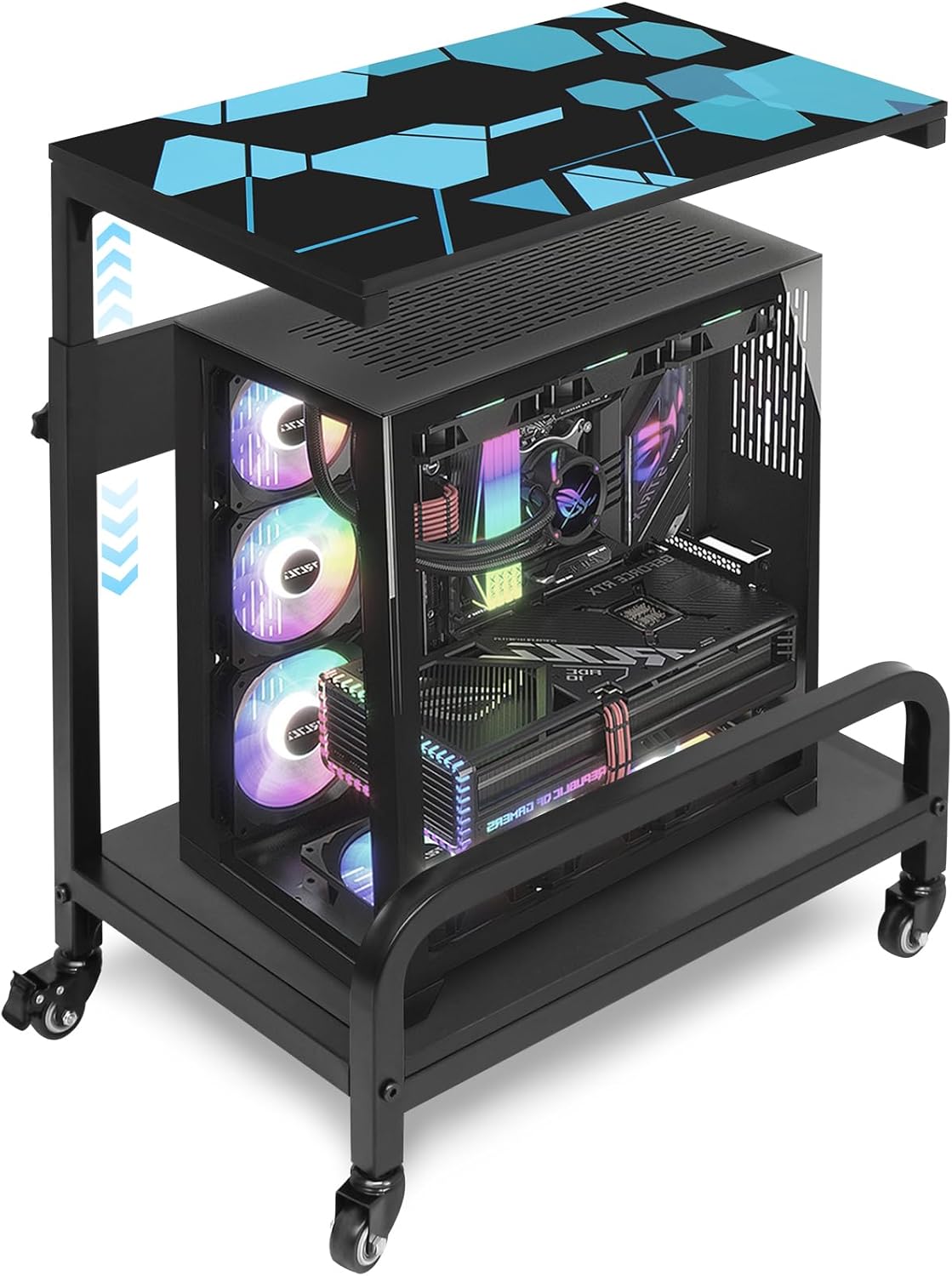 Computer Tower Stand Adjustable, Large for Full Tower with Guard Rail, Metal Wheels, 2-Tier Design, PC Tower Stand for Floor, CPU Holder Cart for ATX, E-ATX, ITX 32.7" X 21.6" X 15.8"