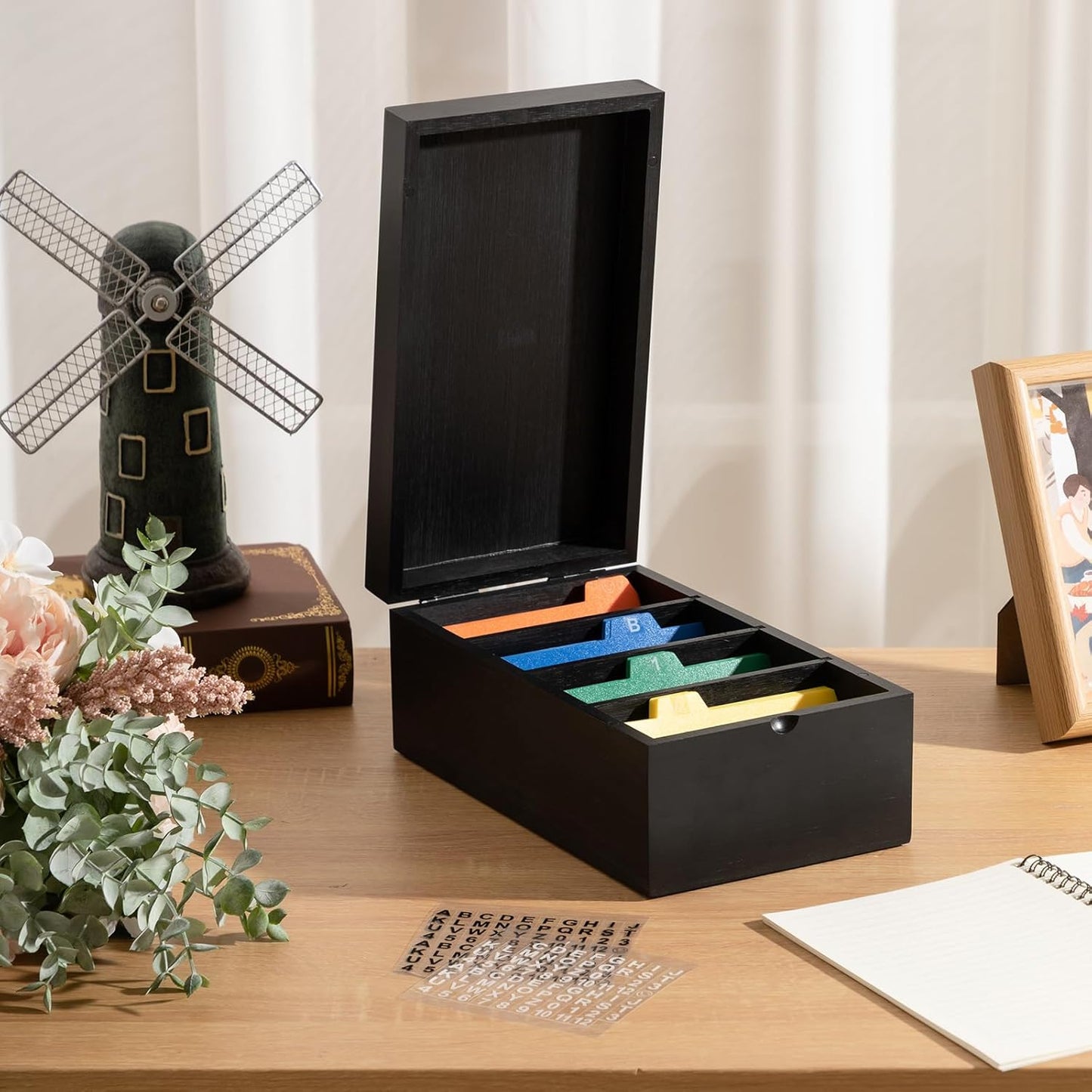 Henoyso 3 x 5 Inch Index Card Holder Set, Bamboo Recipe Box Organizer Index Cards Organizer, 50 Pcs Dividers 2 Sheets Alphabet Number Stickers File Note Holders for Office Business Home Kitchen, Black