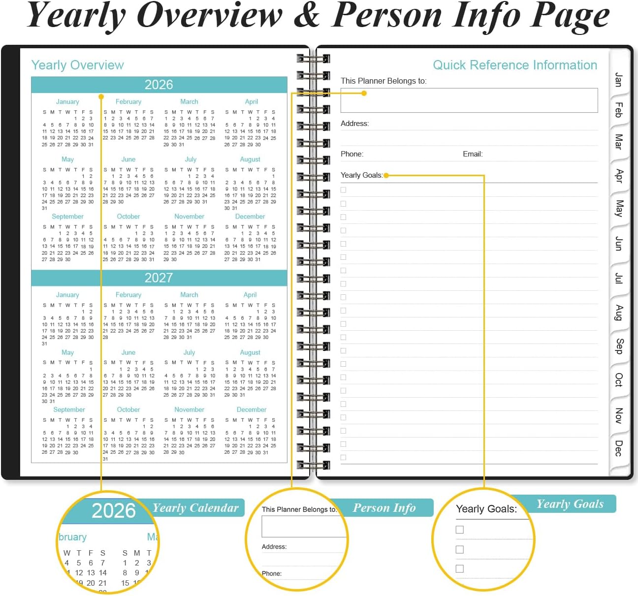 2026 Planner - Planner 2026 from January 2026 - December 2026, Weekly & Monthly Planner Spiral Bound with 12 Monthly Tabs, Inner Pocket, 6.4" x 8.5", Black-A