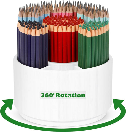 Bamboo Rotating Round Art Supply Organizer, Pencil Holder Desk Organizer with 7 Compartments, Office Supplies Desktop Storage Caddy for Colored Pencils(white)