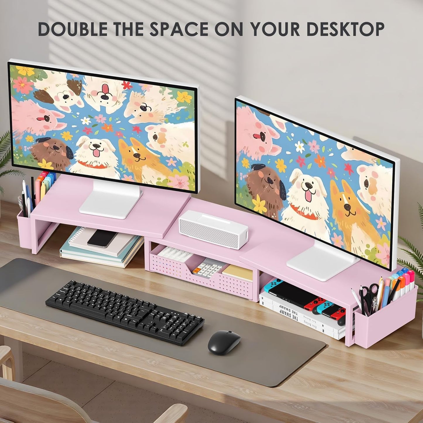 Pink Desk Organizers and Accessories for Women, Dual Computer Monitor Stand Riser with Drawer and 2 Pen Holders, Office Desk Accessories, Workspace Desktop Organization for Office Supplies