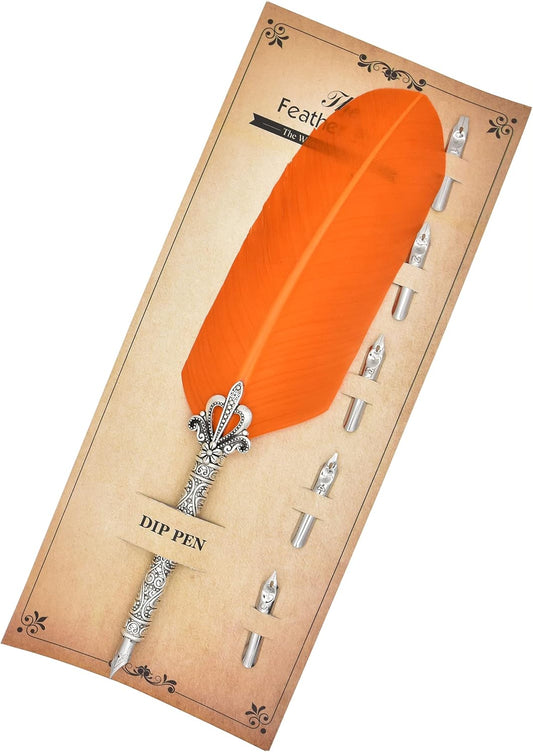 Gullor Calligraphy Feather Quill Pen and 5 Calligraphy Nibs for Beginners Kids Calligraphy Writing Quill Dip Pen Set, Orange