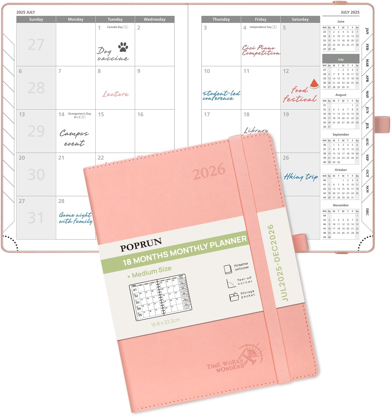 POPRUN Monthly Planner 2025-2026 (Medium- 6.5'' x 8.5'' Soft Cover), 18-Month Calendar Book (Jul.2025-Dec.2026), Calendar Planner with Monthly Tabs & Pocket, 100 GSM Paper - Pink