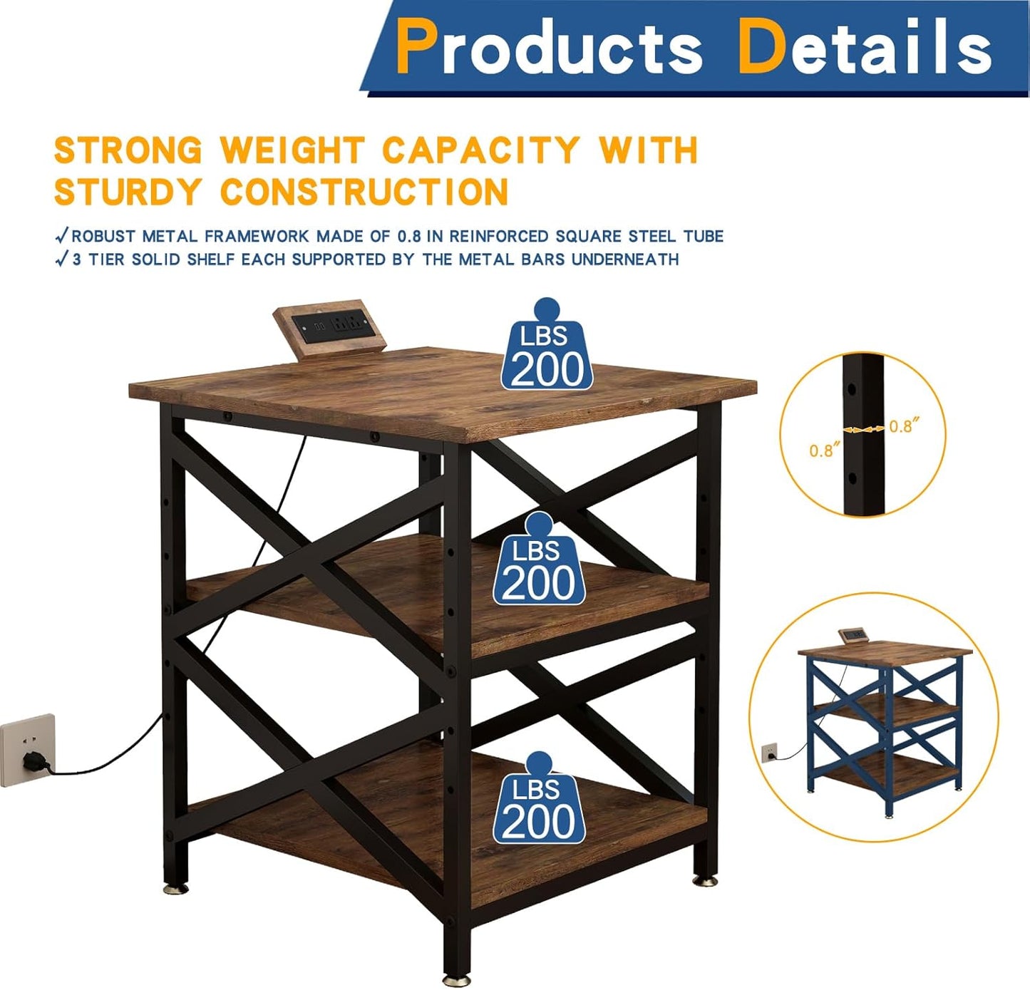 Large Printer Stand with Power Outlet, with Height Adjustable Storage Shelf, 3 Tier Rolling Printer Cart with Industrial Wheels, 23.6 x 23.6 Inches Printer Table for Home Office, Rustic Brown