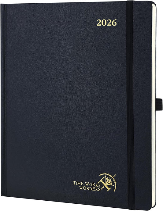 POPRUN 2026 Planner (Large Size 8.5''x 10.5'' Hardcover) - Daily Weekly and Monthly Calendar Agenda 2026 Appointment Book with Hourly Time Slots, Monthly Tabs, 100 GSM - Black