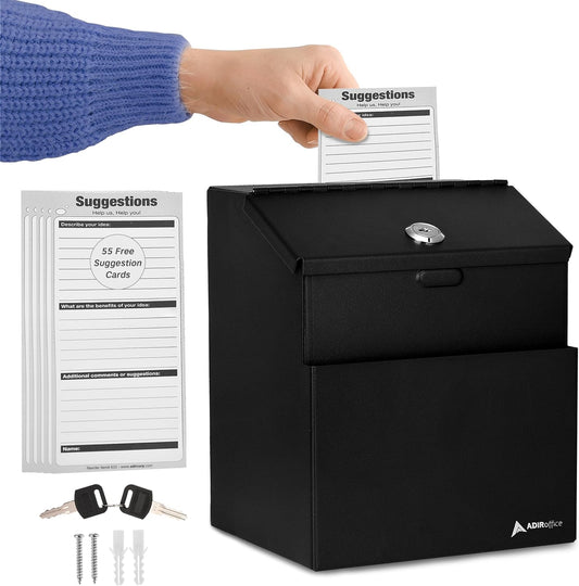 Adir Suggestion Box with Lock - Metal Donation Fundraising Ballot Prayer Box with 55 Free Suggestion Forms Cards & 2 Keys (Wall Mounted - Black)