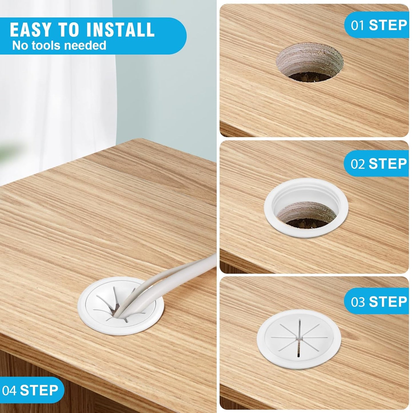 2" White Desk Grommet, JTemgle Flexible Cable Grommet Plastic Cable Hole Cover Wire Organizer Caps Desktop Cord Management for Home Office TV Stands Tabletops, 5 Pieces