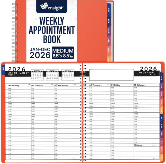 Ensight 2026 Appointment Book & Planner Ensight 6.5 x 8.5 inches Large Tabbed Daily Hourly Weekly Planner Schedule Book 30 Minute time Slots Business & Personal Planner Jan 2026 Dec 2026 Peach