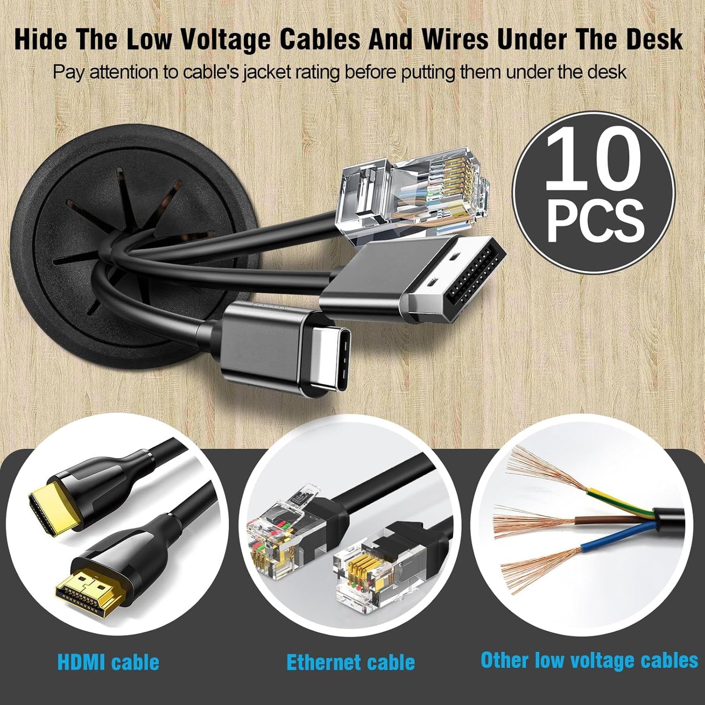 2" Black Desk Grommet, JTemgle Flexible Cable Grommet Plastic Cable Hole Cover Wire Organizer Caps Desktop Cord Management for Home Office TV Stands Tabletops, 10 Pieces