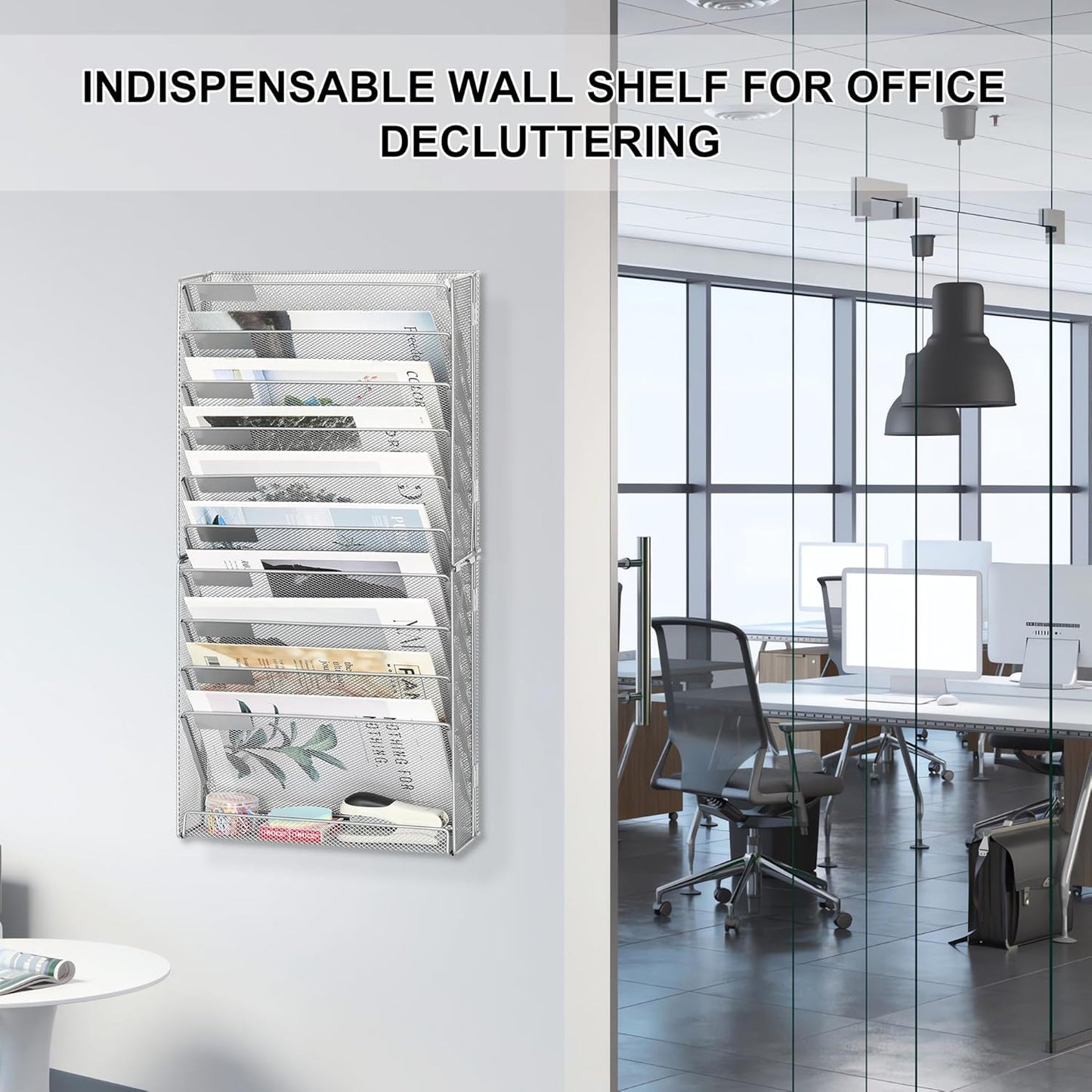 EasyPAG Wall File Holder Organizer 11 Tier Mesh Hanging Wall Mounted Document Paper Folder Filing Magazine Rack with Nametag Label for Office Home School, Silver