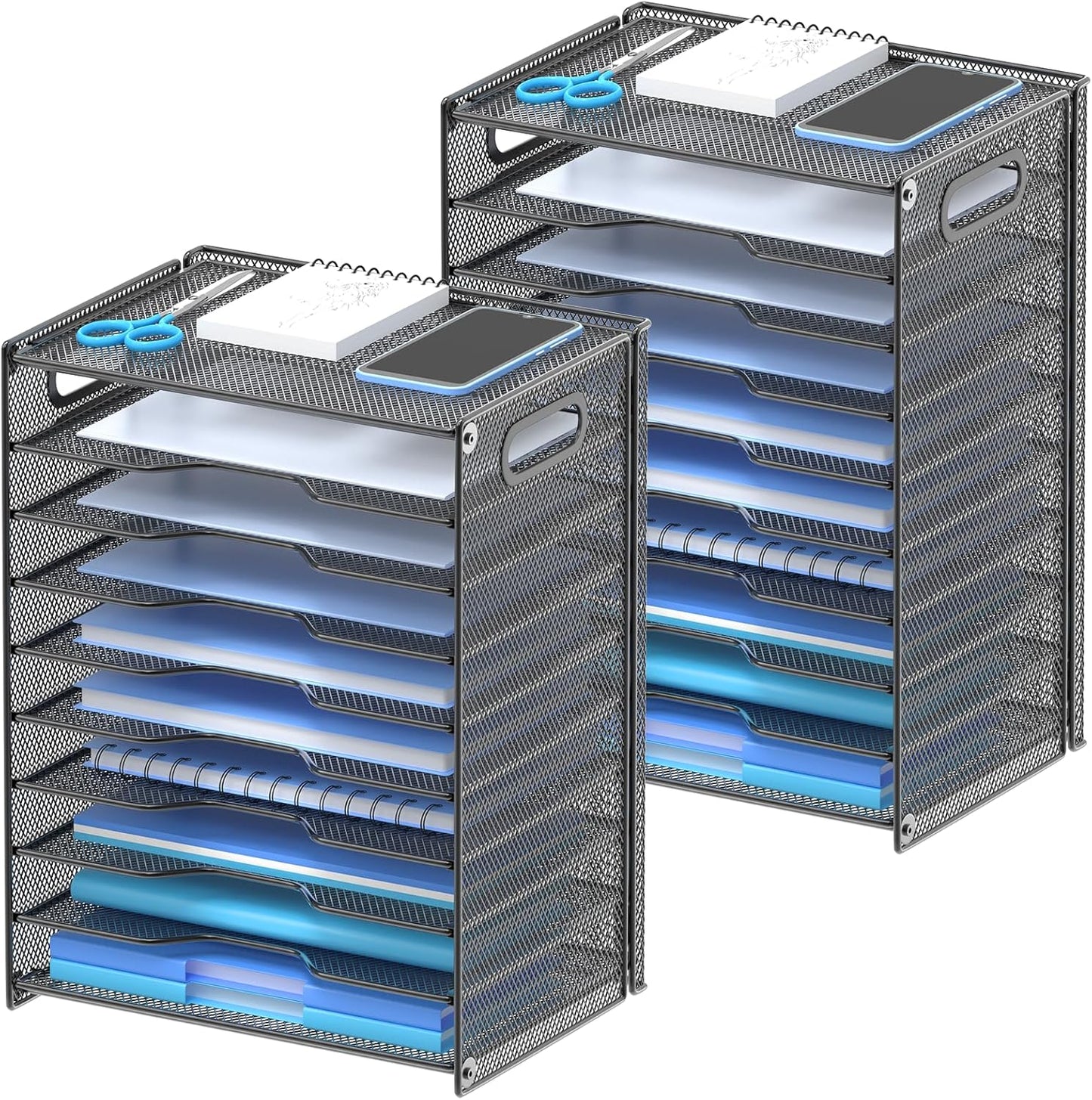 OUTWOLF 10 Tier Paper Organizer - Letter Tray Mesh Desk File Organizer with Handles for Office School Desktop, Black 2 Pack