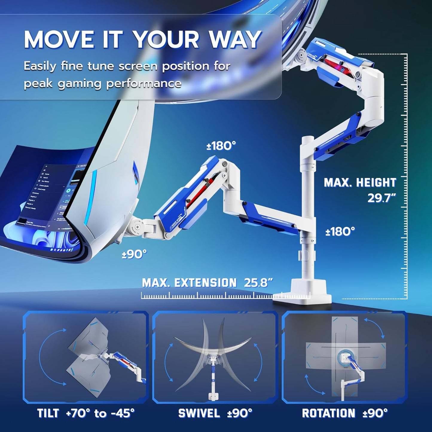 ARES WING Vertical Dual Monitor Mount - 24-57" Aluminum Heavy Duty Monitor Arms for 2 Monitors, Fully Adjustable Gas Spring Stacked Monitor Stand with 75/100/200 Vesa Mount, White