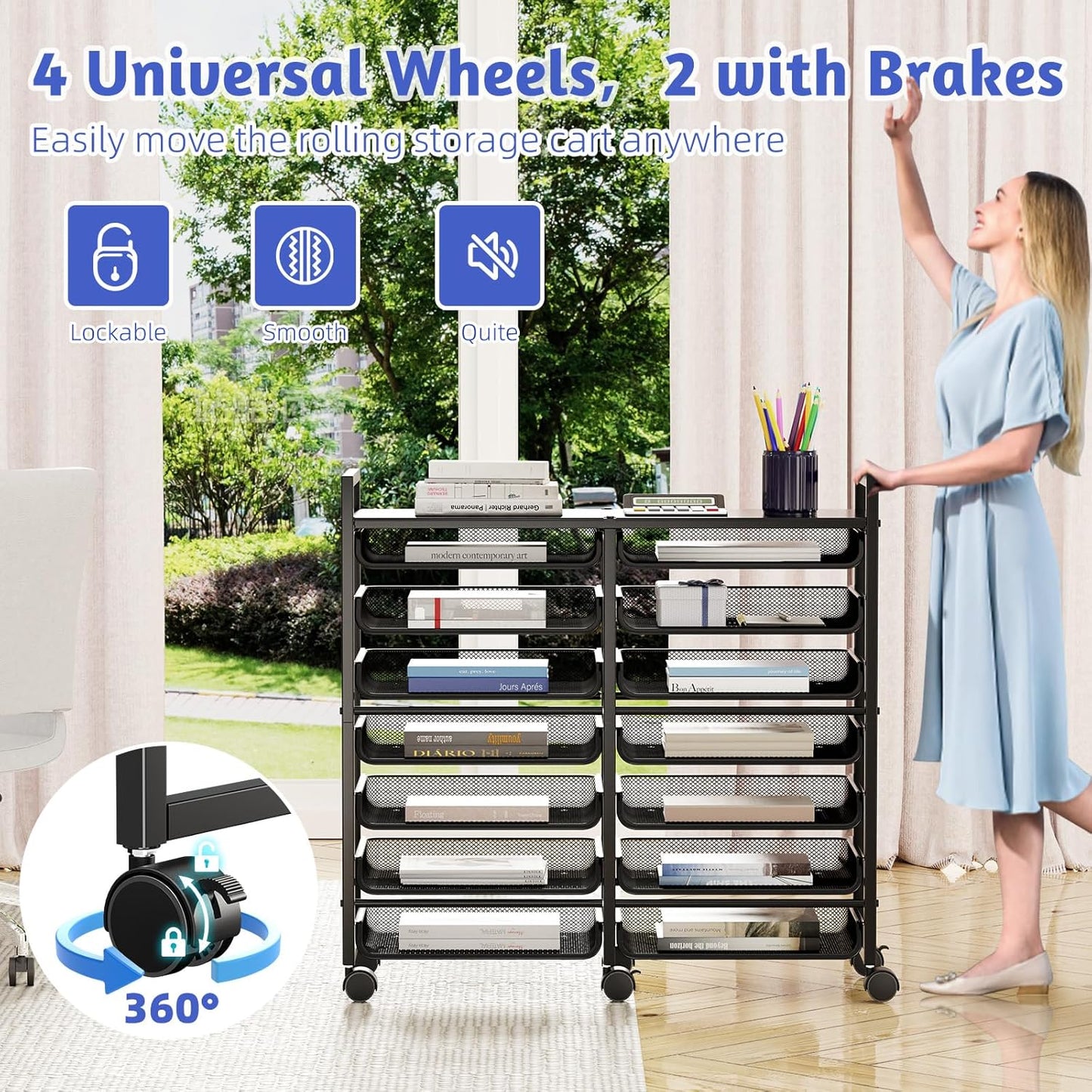 Simple Trending Rolling File Storage Cart, 15-Tier Metal Desk File Organizer with 14 Mesh Sliding Trays, Multi-Functional Clutter Cart for Office Home School, Black