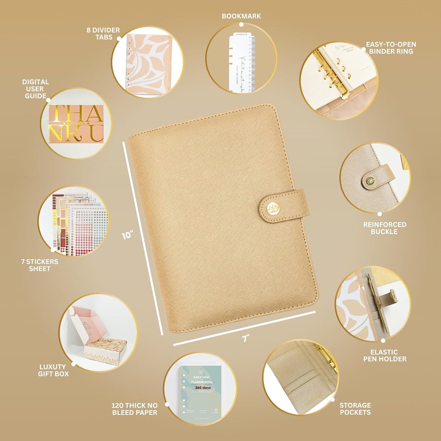 Bossy Girl Journey - A5 Daily Planner Binder – Undated Time Blocking Refillable Organizer for Women with 110gsm Paper, PU Leather Cover, Stickers, Dividers, Pen Loop, Gift Box – Goal Setting & Productivity (Gold)