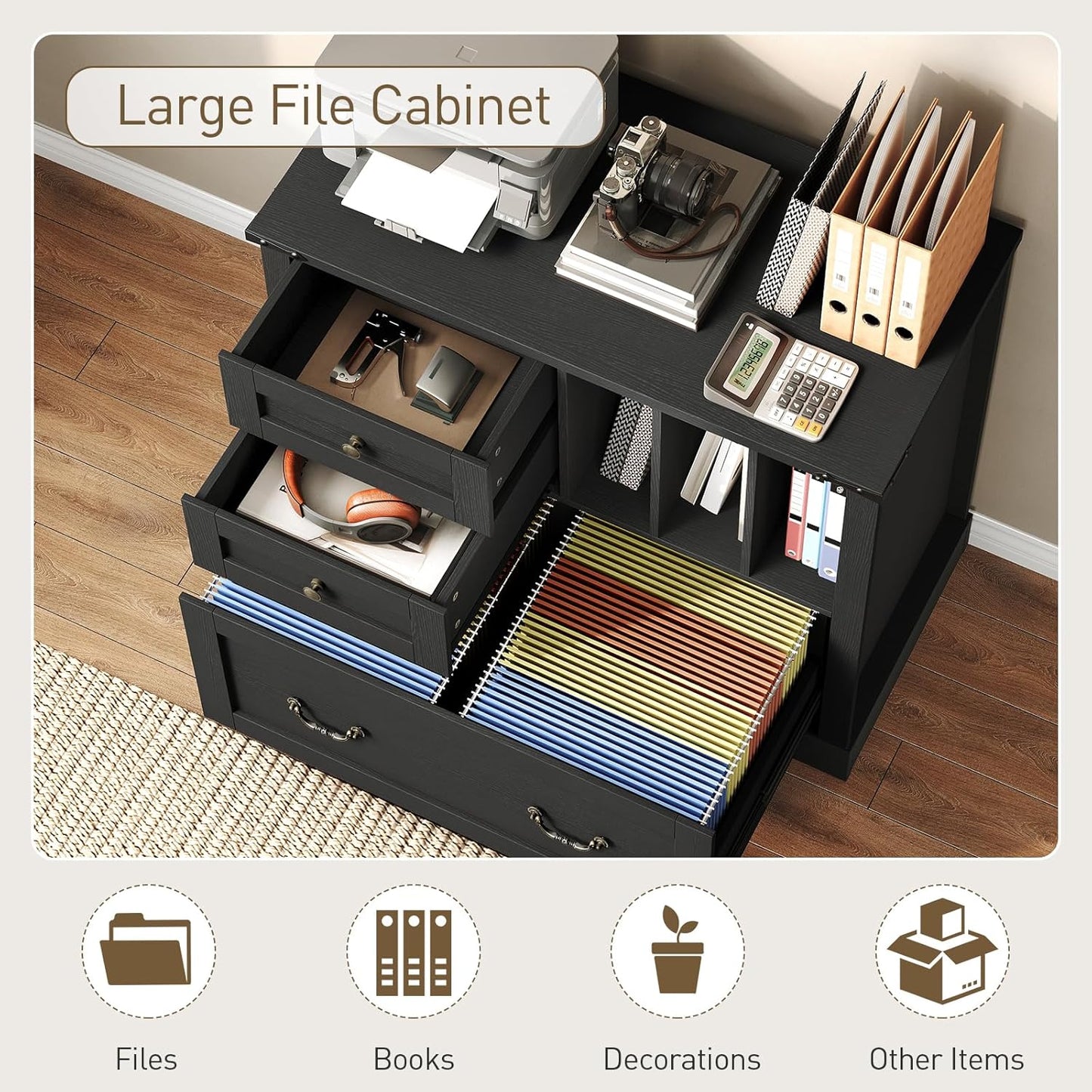 Farmhouse File Cabinet, Lateral Filing Cabinet with 3 Drawers and Folder Organizer, Office Storage Cabinet for A4 Letter Size Files, Printer Stand with Storage for Home Office, Black