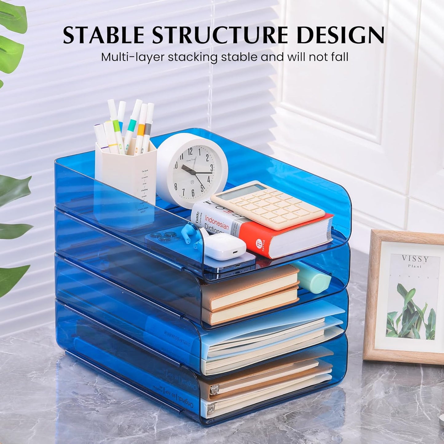 4 Pack Stackable Paper Tray Organizer File Organizer for Desk, Office Organizer and Storage for Desk Accessories, Notes, Books, File Paper, Document, Blue