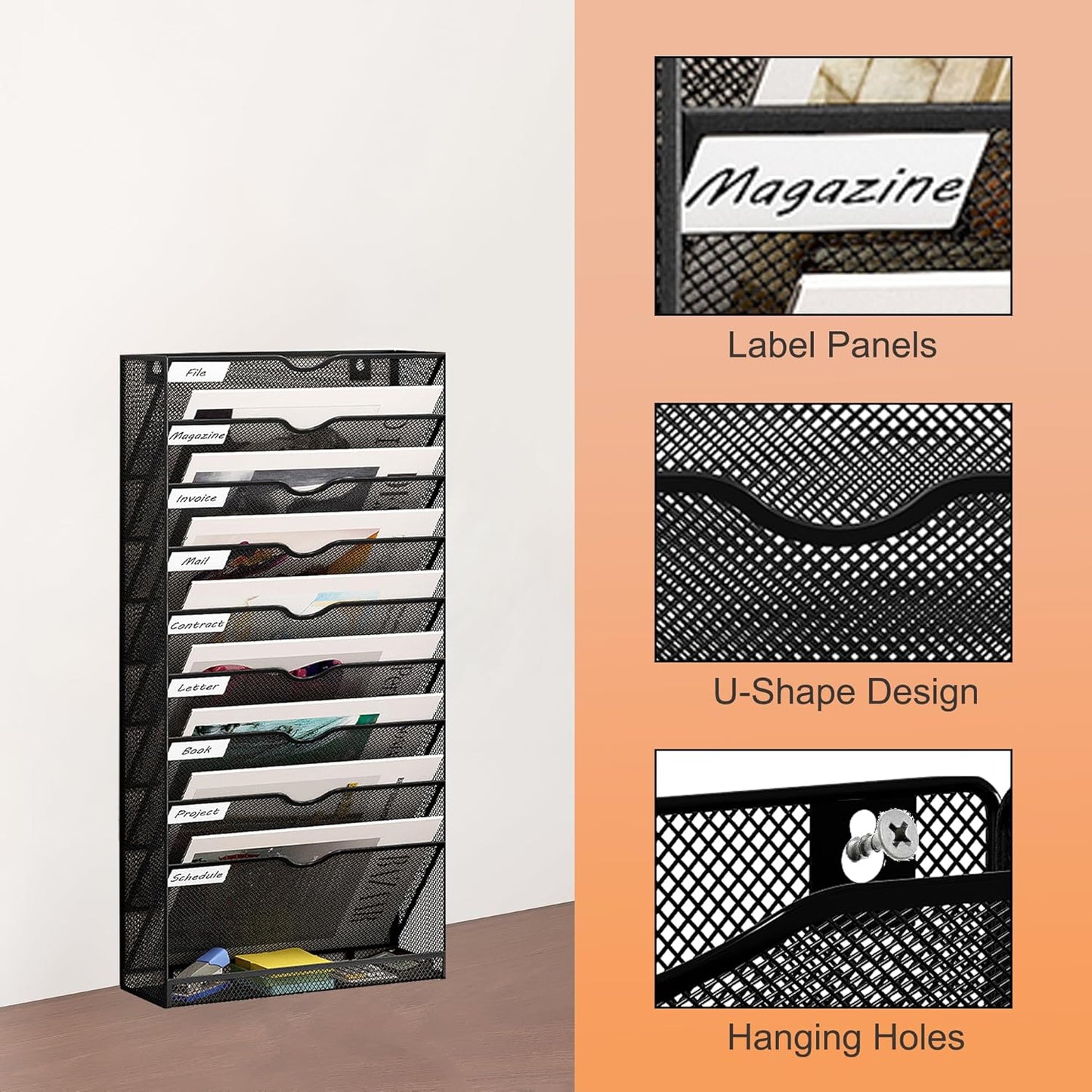 10 Tier Hanging Wall File Holder, Metal A4 Wall Mounted Document Holder, Vertical Hanging Mail Organizer, Magazine Storage Rack With Tray For Office Home Classroom, Black