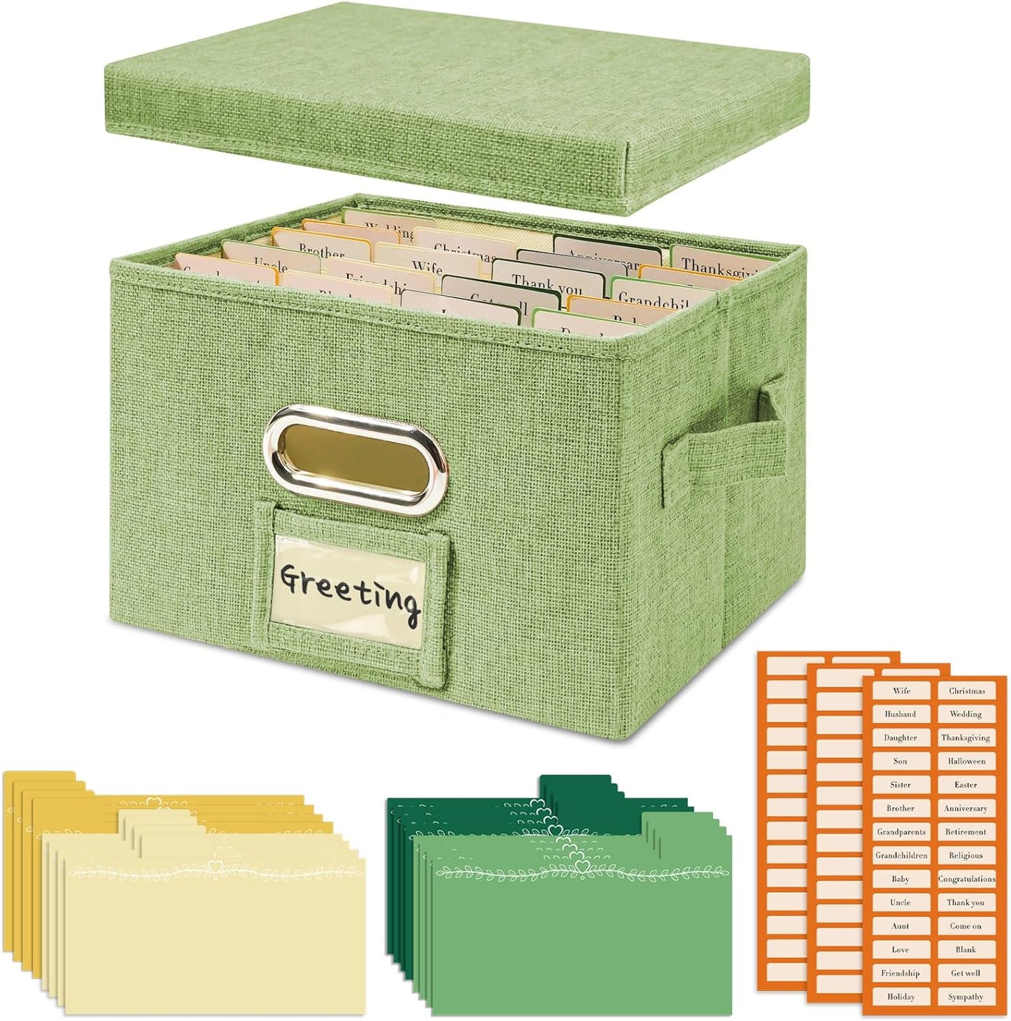 Vienrose Greeting Card Organizer 1 Pack, Storage Box with 20 Adjustable Dividers, Foldable Organizer Box Holds over 150 Cards, Storage Stickers Recipes Photos Envelopes Bills Vinyl Records, GrassGreen