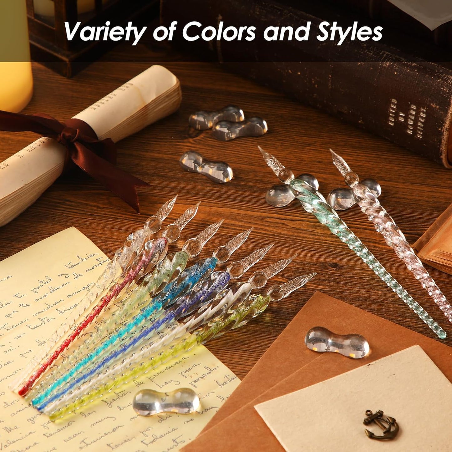 Outus 9 Pieces Glass Dip Pen Handmade Glass Signature Pen High Borosilicate Glass Crystal Vintage Dip Pen with 9 Pieces Pen Holder for Writing Drawing Calligraphy (Classic Color)