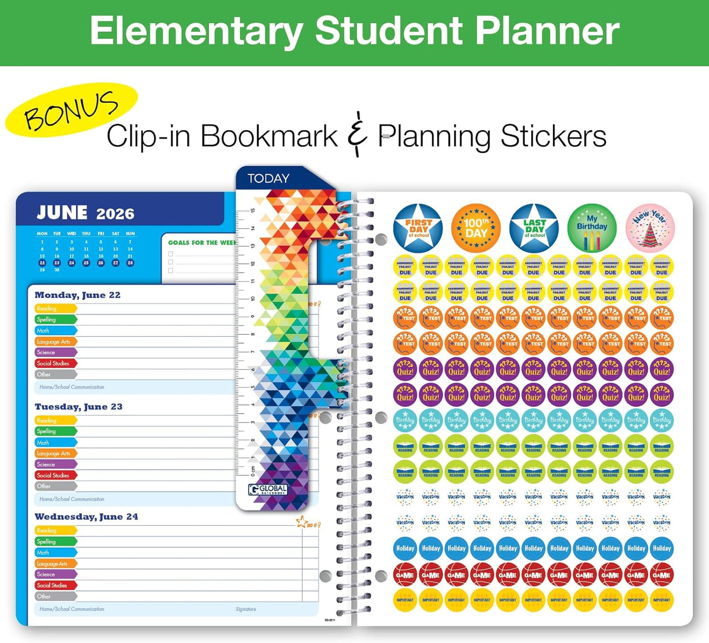 Global Datebooks 2025-2026 Elementary Student Planner 8.5x11 - Dated Weekly & Monthly Academic Planner (Large) with Ruler/Bookmark & Stickers, Ideal for Homework, Block Style, Paint Splatter