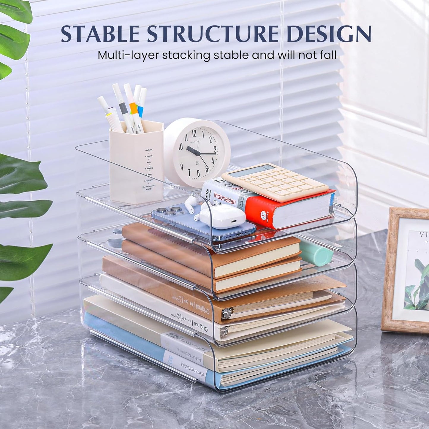 4 Pack Stackable Paper Letter Tray, Clear File Organizer for Desk, Office Organizer and Storage for Desk Accessories, Notes, Books, File Paper, Document