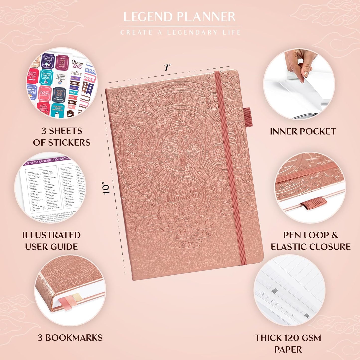 Legend Planner PRO – Deluxe Weekly & Monthly Life Planner to Increase Productivity and Hit Your Goals. Time Management Organizer Notebook – Undated – 7 x 10" Hardcover + Stickers – Rose Gold