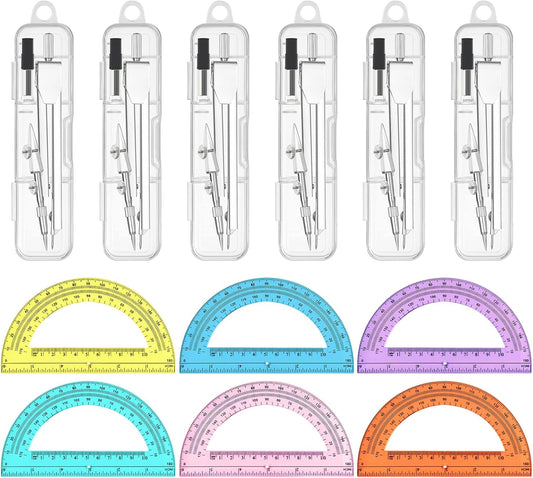 6 Sets Compass and Protractor Sets Student Basics Geometry Math Set Metal Compass and 6 Inch 180 Degree Protractors Geometry Graphing Drawing Tools for Office and School Supplies (Colorful)