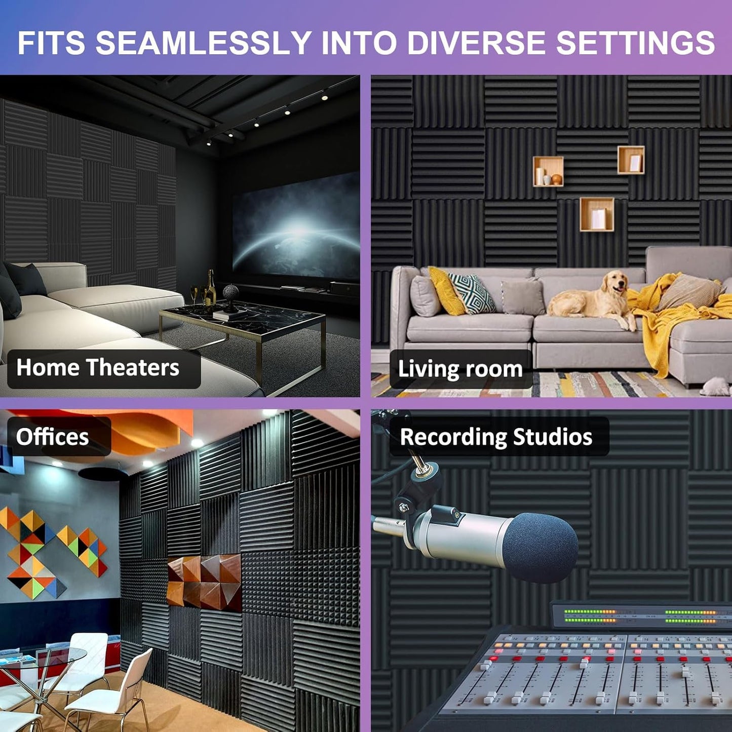 JBER 12 Pack Sound Proof Foam Panels, 1" X 12" X 12" Self-Adhesive Acoustic Foam Panels, Acoustic Panels Wedges High Density, Soundproof Wall Panels for Treatment Home Studio - Black