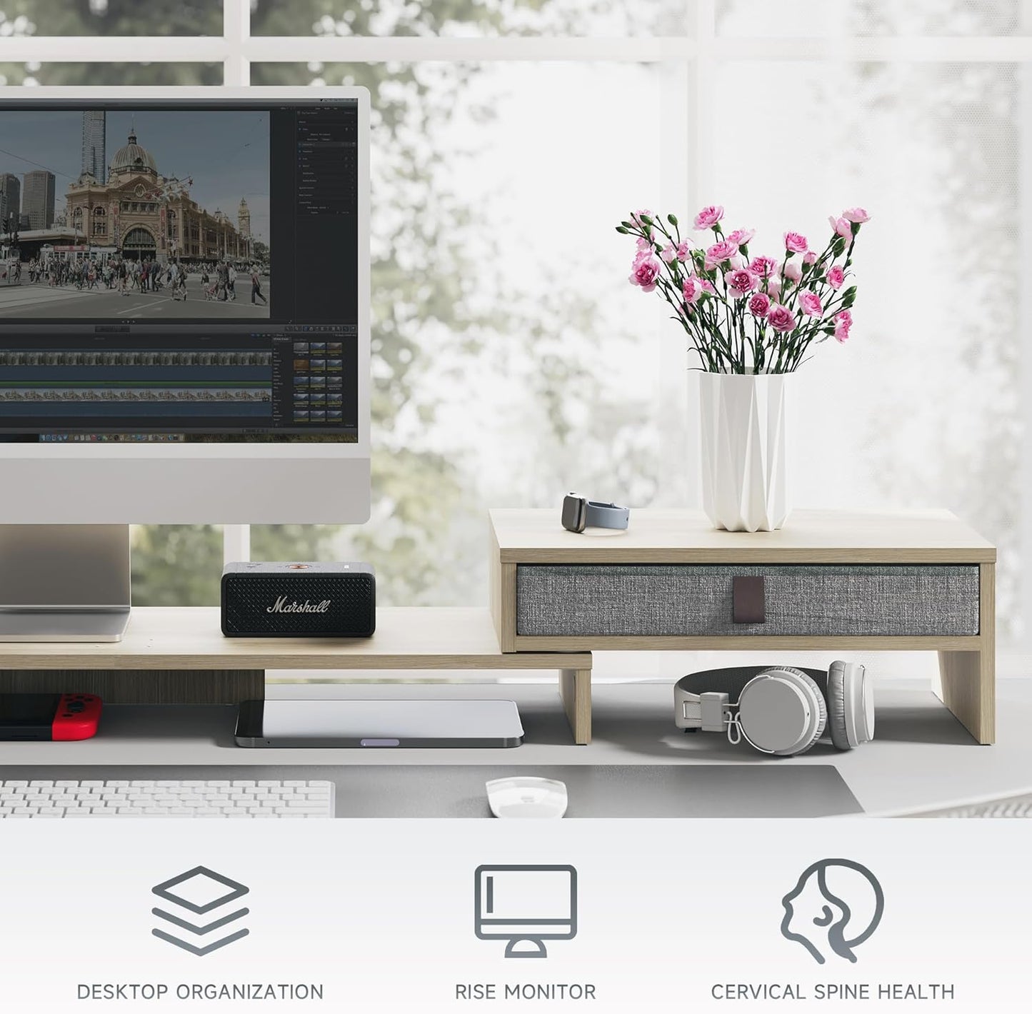 Fenge Computer Monitor Riser Stand with Drawer for 2 or 3 Monitors ,Adjustable Length and Angle Desktop Laptop Stand,Office Organizer,Printer,Oak