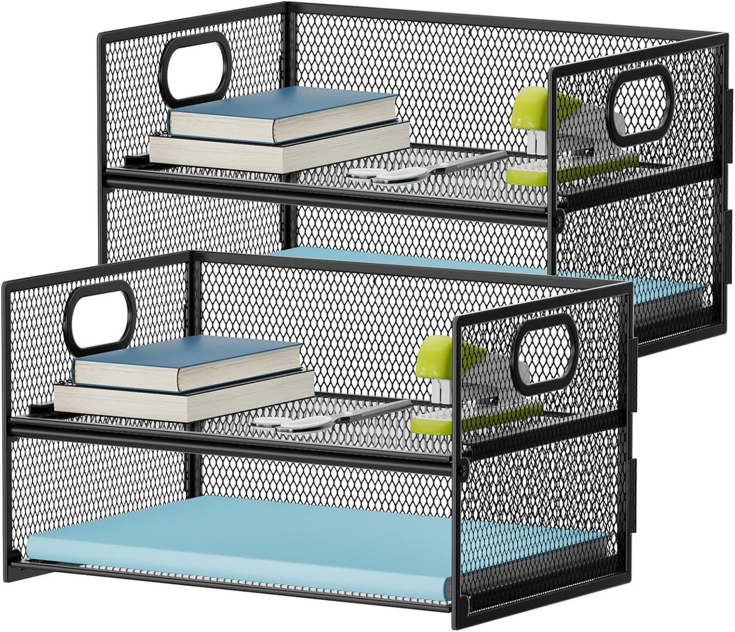 Marbrasse 2 Tier Paper Organizer Letter Tray, Mesh File Organizer with Handle, Paper Sorter Desk Organizer for Home Office Supplies - 2P