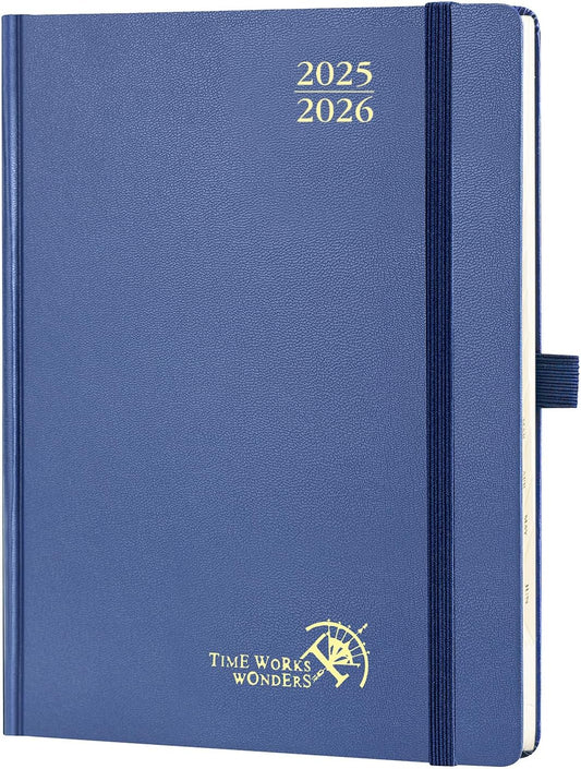 POPRUN Planner 2025-2026, (Medium 6.5'' x 8.5'' Hard Cover) Academic Calendar (July 25-June 26) Daily Weekly and Monthly Appointment Book with Hourly Time Slots, Monthly Tabs, 100 GSM - Navy Blue