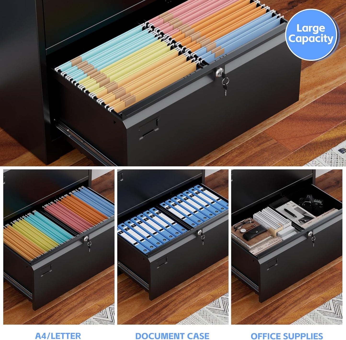 Aobabo 2 Drawer Wide Lateral File Cabinet, Metal Filing Cabinet with Lock, Suitable for Home Office School Hanging Files Letter/Legal/F4/A4 Size,Black,Required-Assembly,15.87" D x 28.94" W x 30.24" H