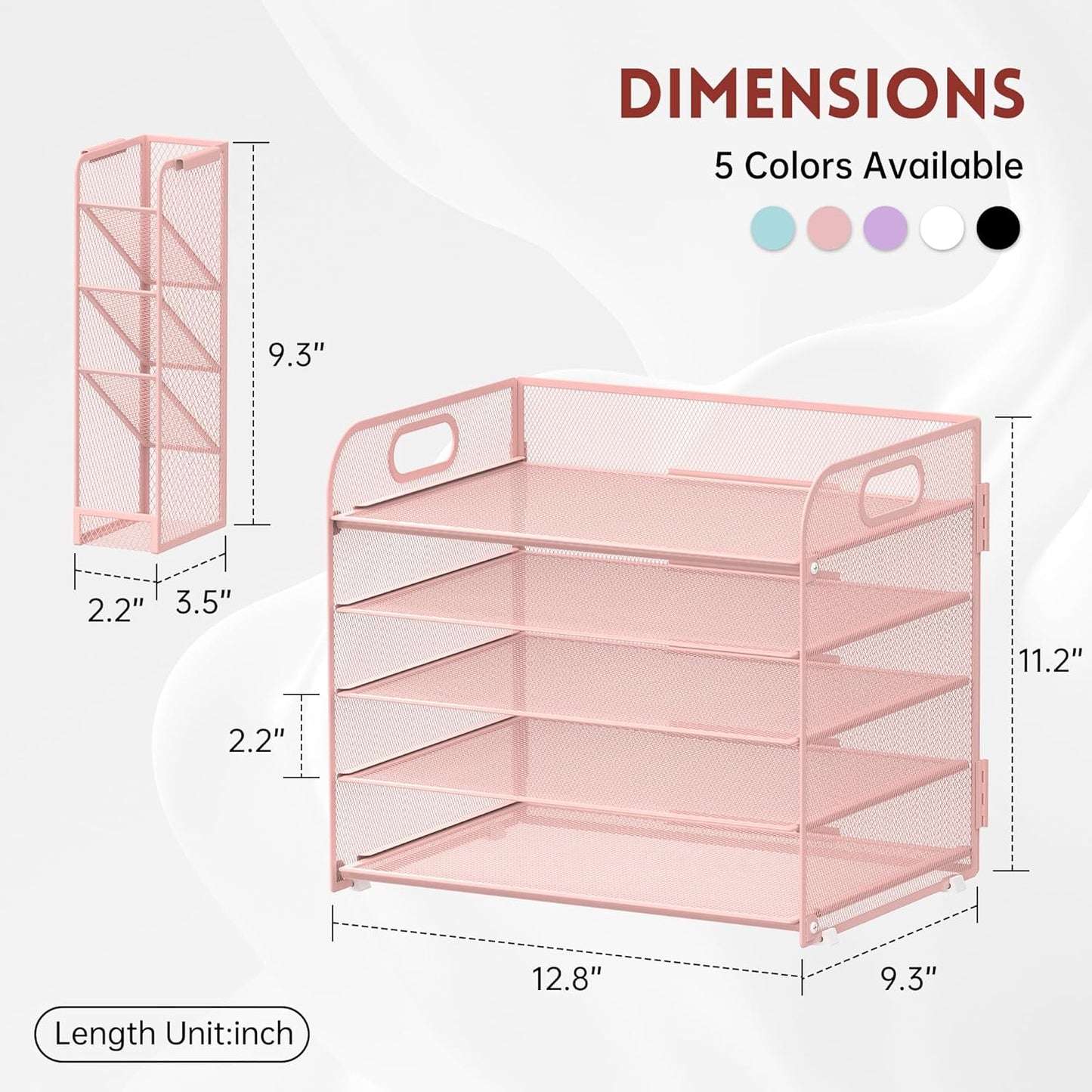 SUPEASY 5 Tier Desk Organizer with Handle & Removable Pen Holders, Mesh Paper/File Organizer for Desk, Paper Letter Tray Organizer for Office Supplies (Pink)