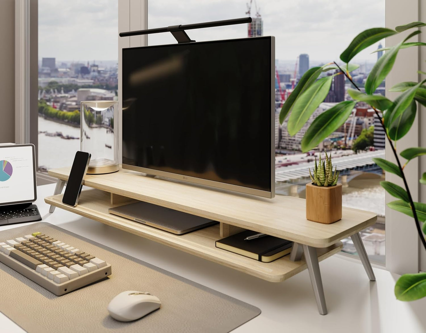 Fenge Dual Monitor Stand, Monitor Stands Riser for 2 monitors, 42.5 Inch Wood Desk Shelf with Storage Organizer and Cable Management for Office Desk Accessories