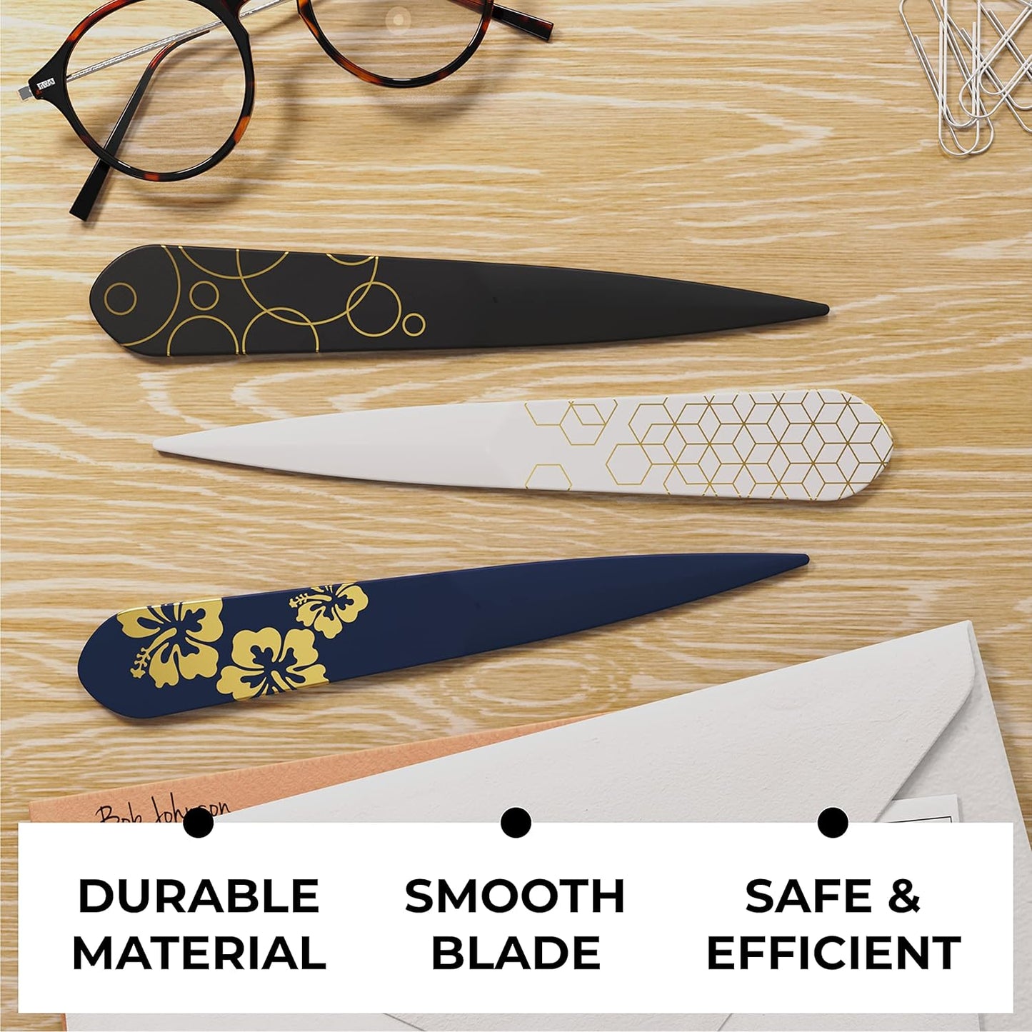 Uncommon Desks Letter Opener - 3 Pack Plastic Letter Opener with Trendy Designs, Safe Plastic Edge, Wide Ergonomic Handle for Comfort and Grip