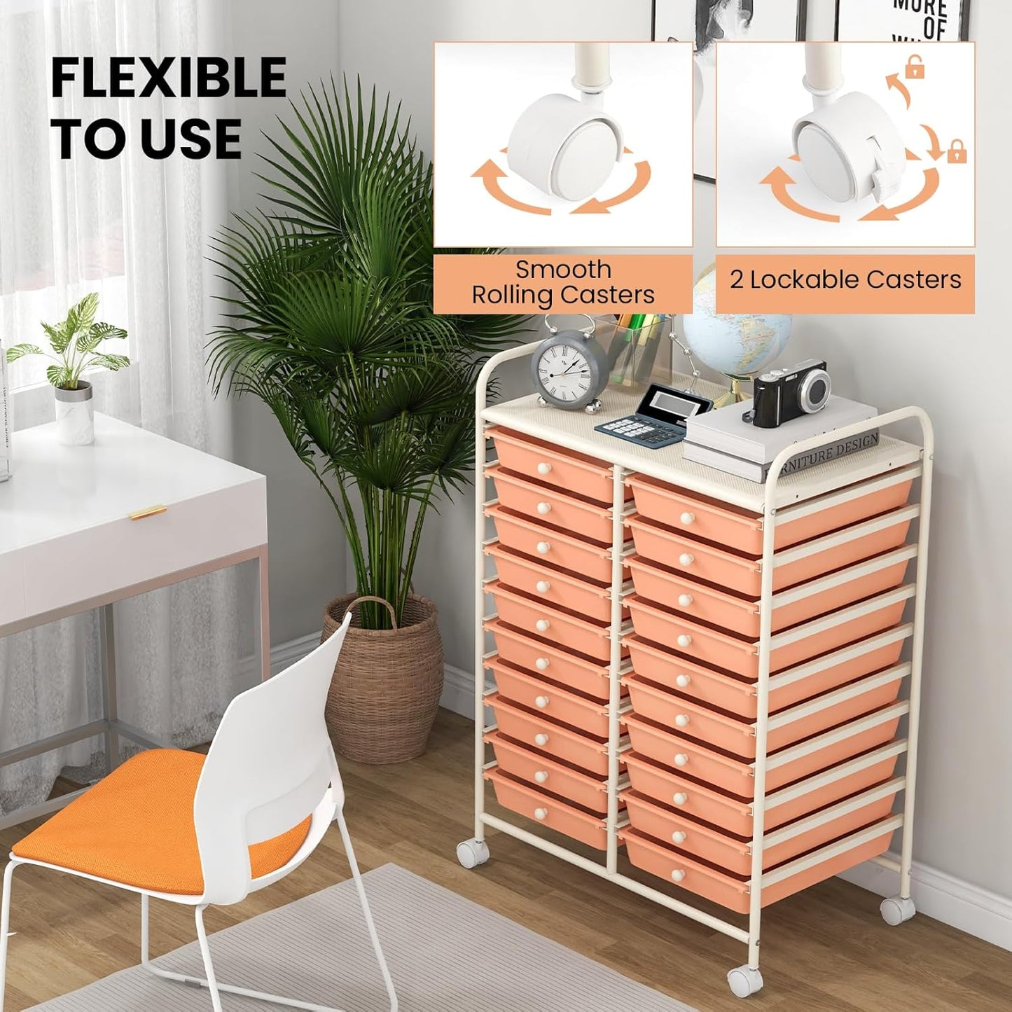 Giantex 20 Drawers Rolling Cart, Mobile Storage Drawer Cart, Classroom Organizer for Office School Supplies Tools Scrapbook Paper Craft Small Printer, Utility Stand on Wheels, Peach