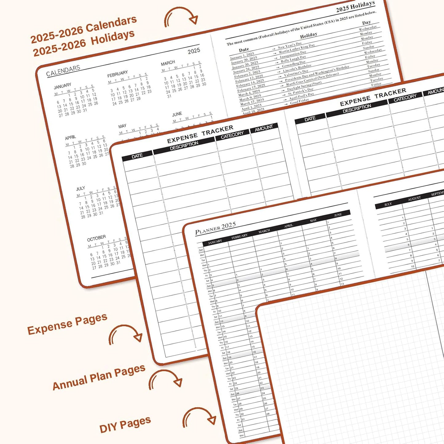 Daily Planner 2025-2026, Academic Planner 2025-2026 Weekly and Monthly Planner, Calendar Book with Hourly Schedule 8.5"x5.8", July 2025 to June 2026, Faux Leather Cover (Brown)