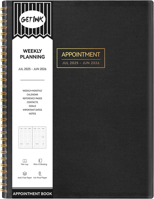 GETINK Appointment Book 2025-2026 Weekly Daily Hourly Planner 8.5"x11" Spiral Bound, Jul. 2025 - Jun. 2026, Laredule Appointment Planner 2025 with 15-Minute Increments, Flexible Cover, Black