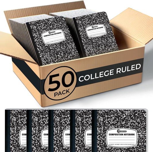 50 Pack Bulk Composition Notebooks College Ruled, 200 Pages (100 Sheets), 9-3/4 x 7-1/2, Black Marble Hard Cover, Bulk School Supplies, Bulk Notebooks for School, Bulk College Ruled Notebook