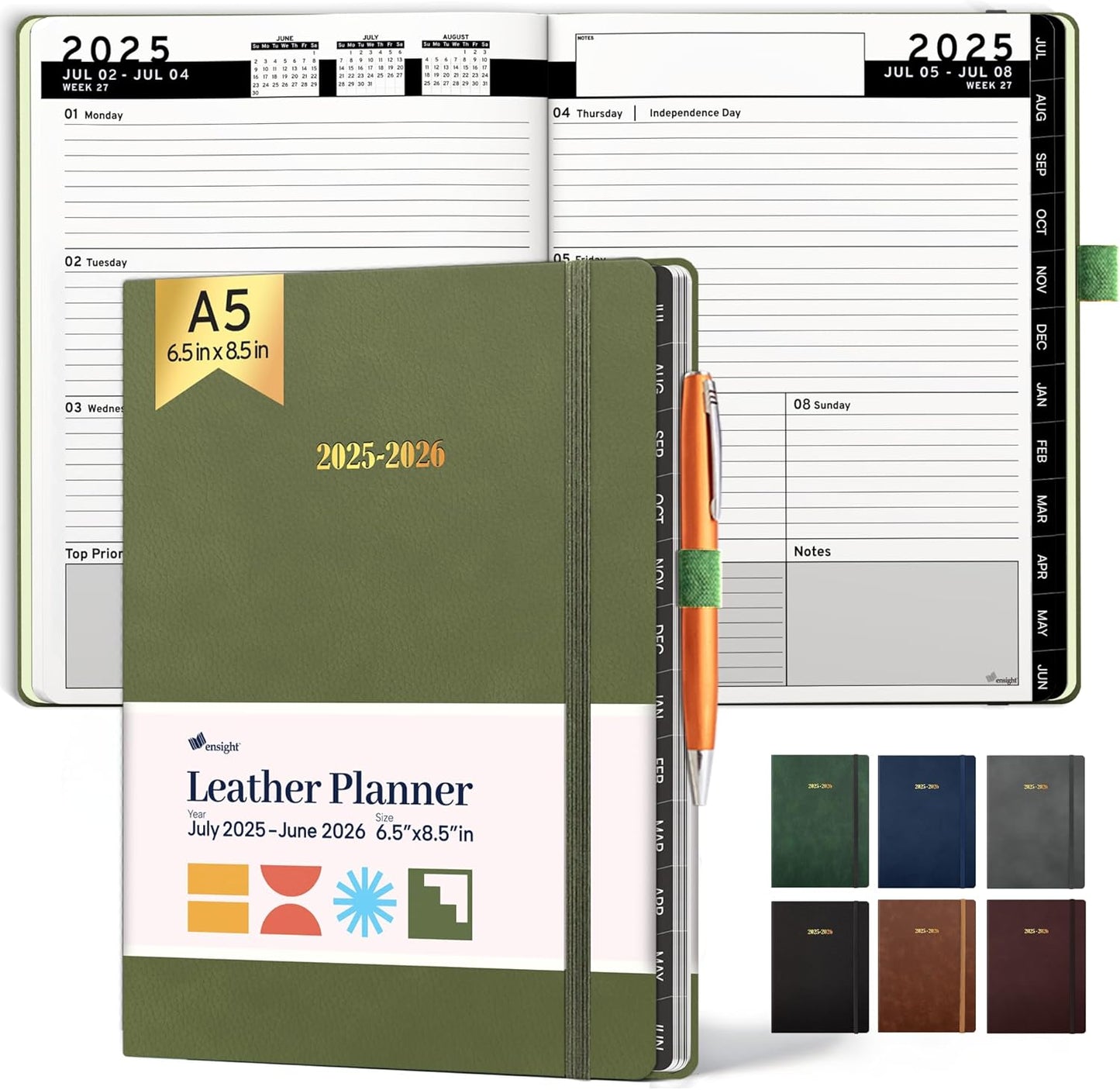 Ensight 2025-2026 HARDCOVER Leather Planner Weekly & Monthly - 6.5x8.5 Inches - Academic Planner Business Personal or Student - Pen Holder, Thick Paper, July 2025 - June 2026 (Olive Green)