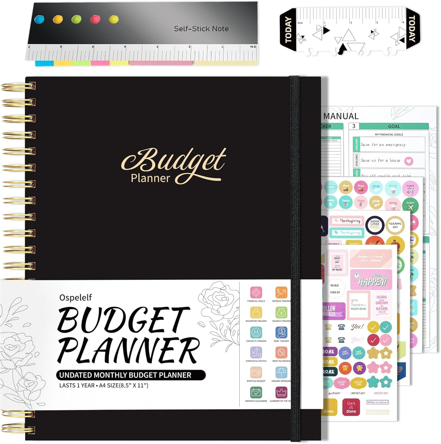 Ospelelf Budget Planner - Monthly Budget Book with Expense Tracker Notebook, Undated 12 Month Bill Organizer & Finance Planner, A4 Account Book with 12 Index Pockets, Zipper Pouch, Stickers(Black)